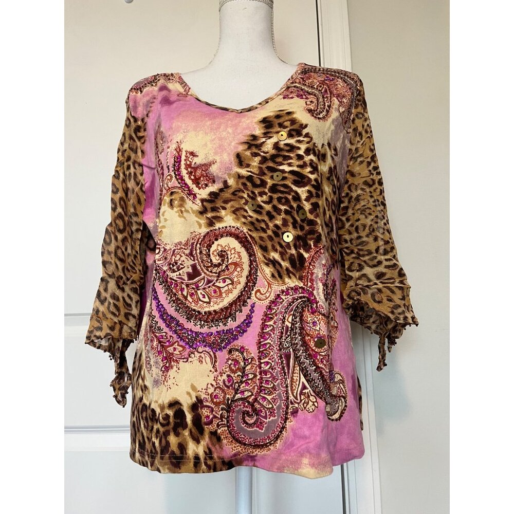 Bila Woman Top Paisley Leopard Print Sz 1X Beaded Sheer Split Sleeves Boho NWOT